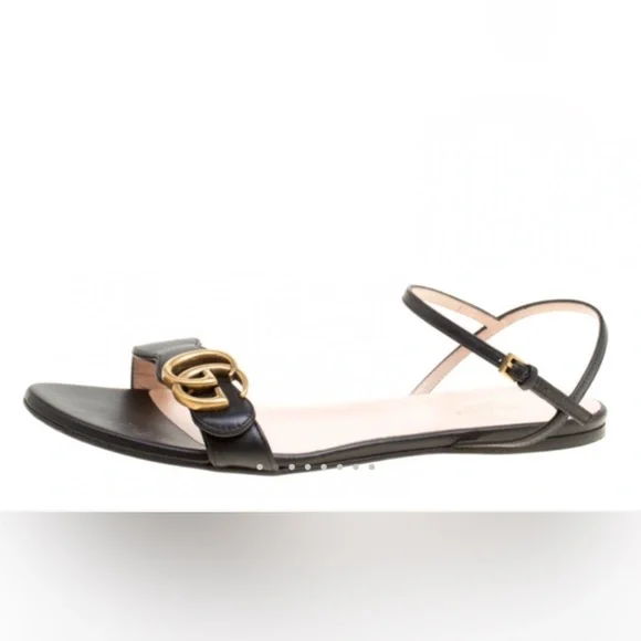 Gucci Marmont Sandals Flat Black Leather Interlocking GG Size 41 - Picture 3 of 15